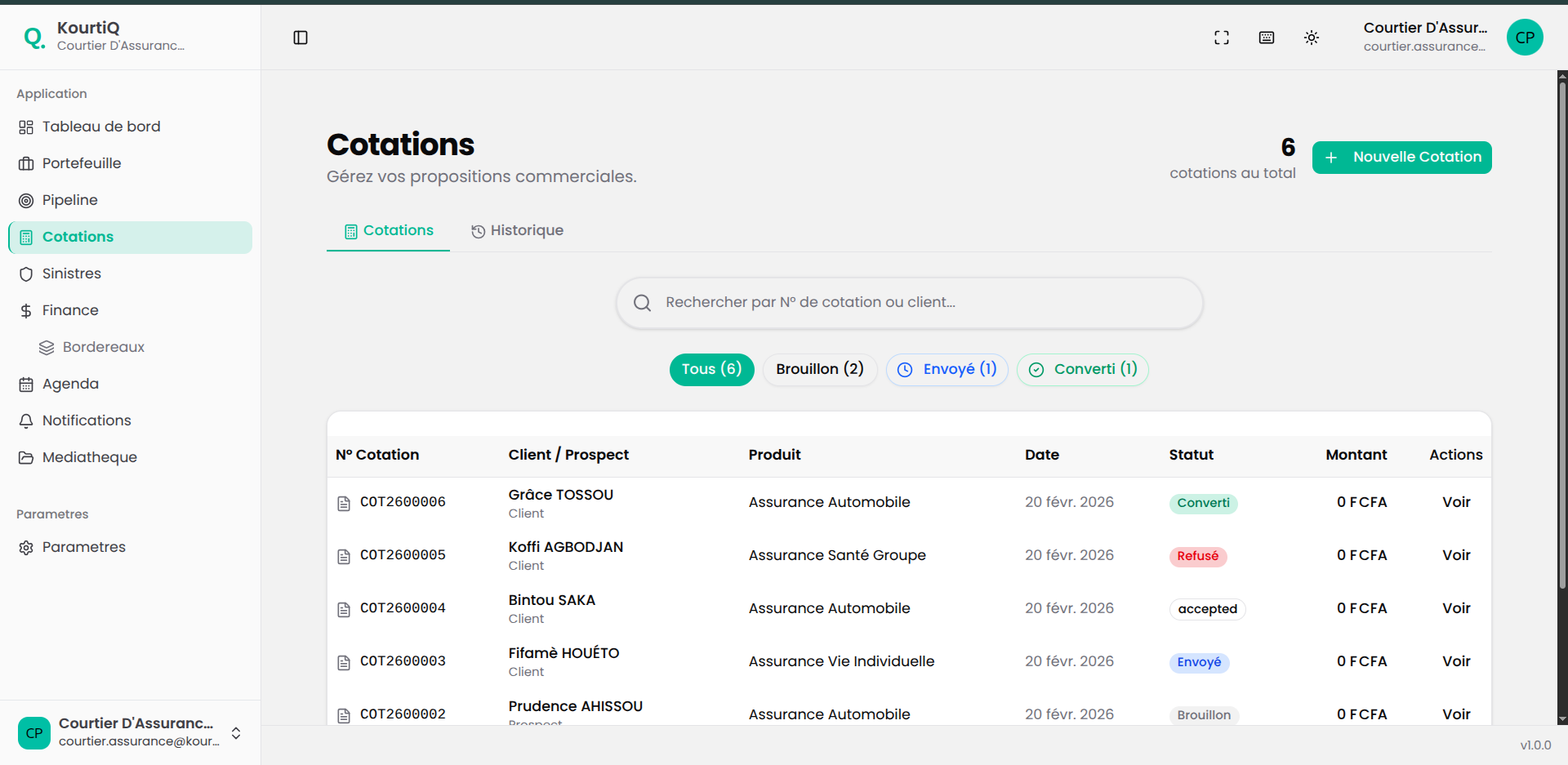 Liste des cotations avec statuts