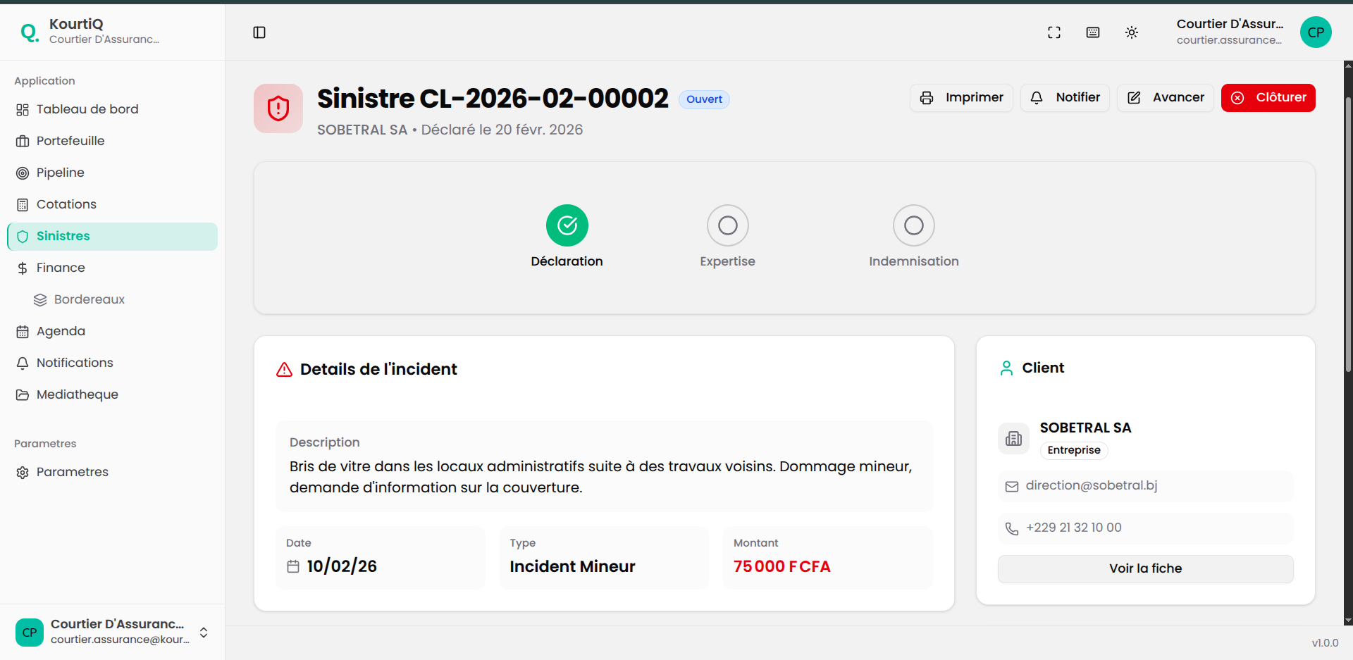 Détail d'un dossier sinistre avec chronologie