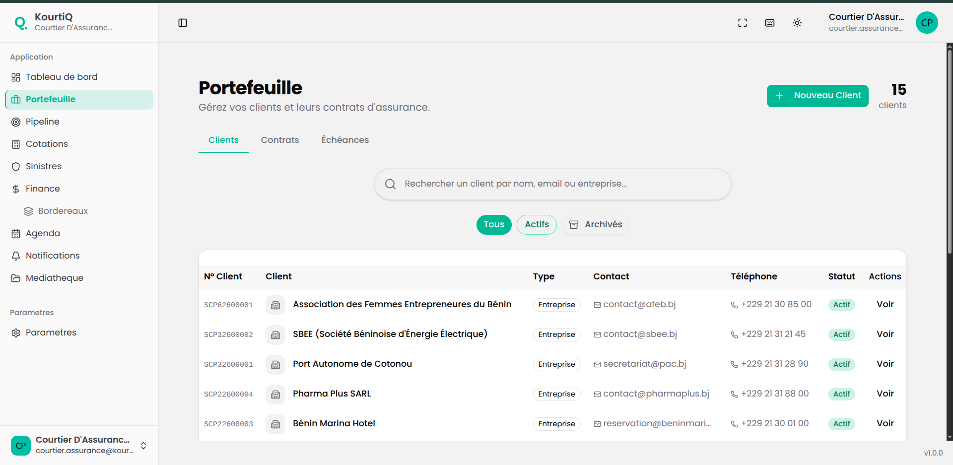 Liste des clients du portefeuille