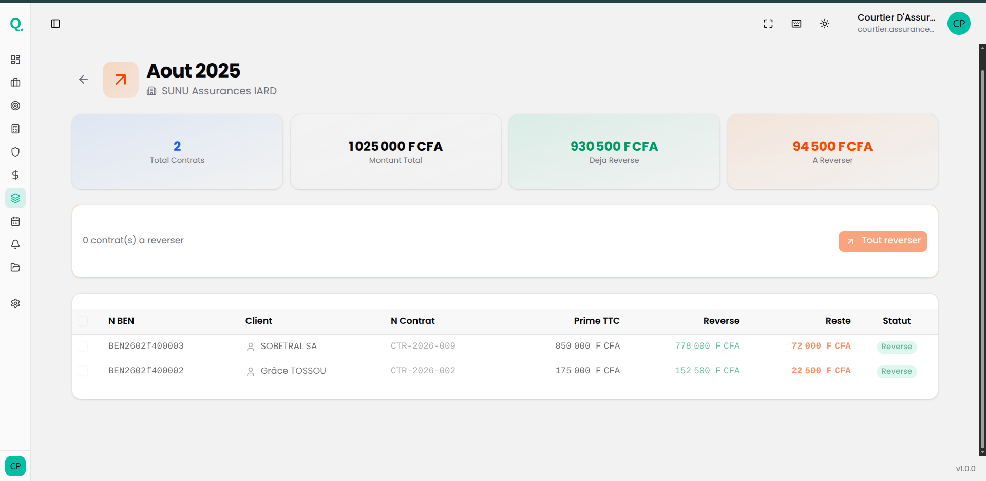 Détail reversement bordereaux