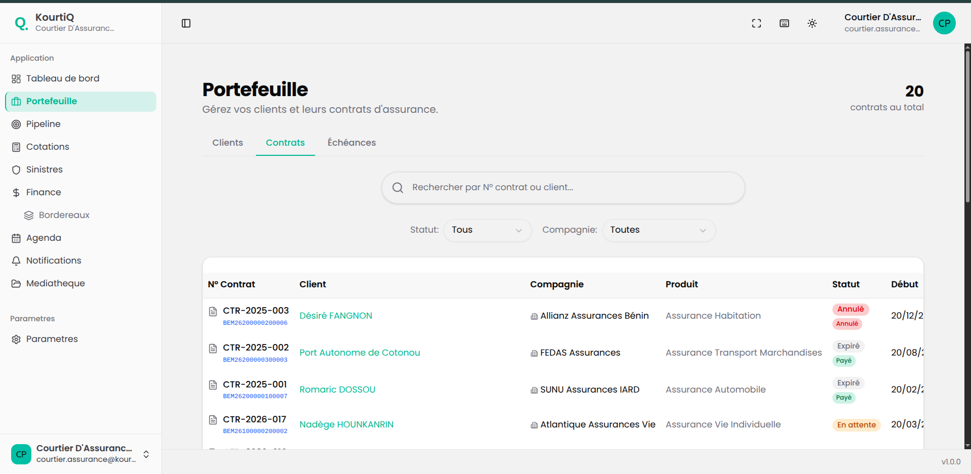 Vue portefeuille contrats dans KourtiQ