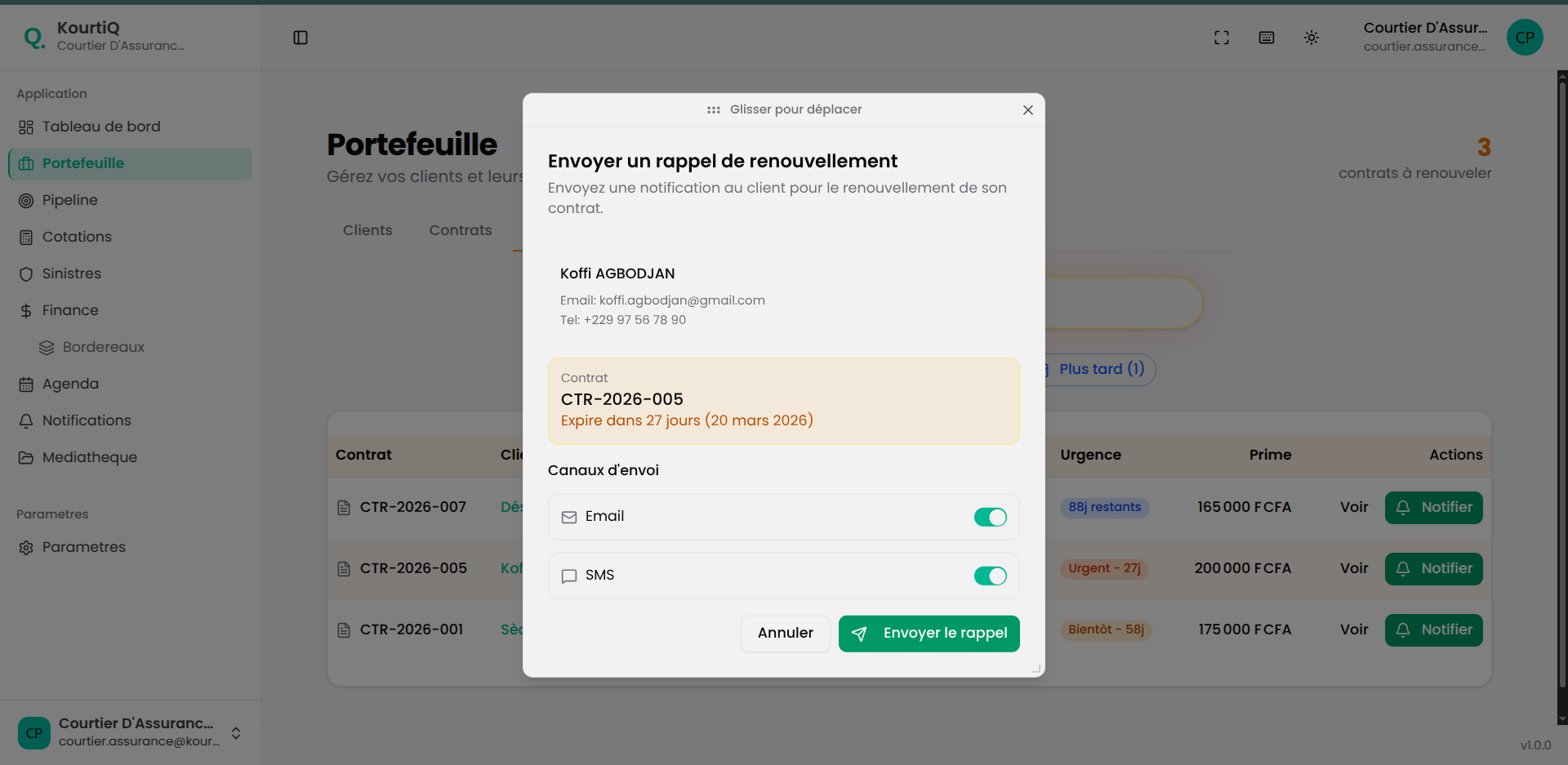 Notification de renouvellement